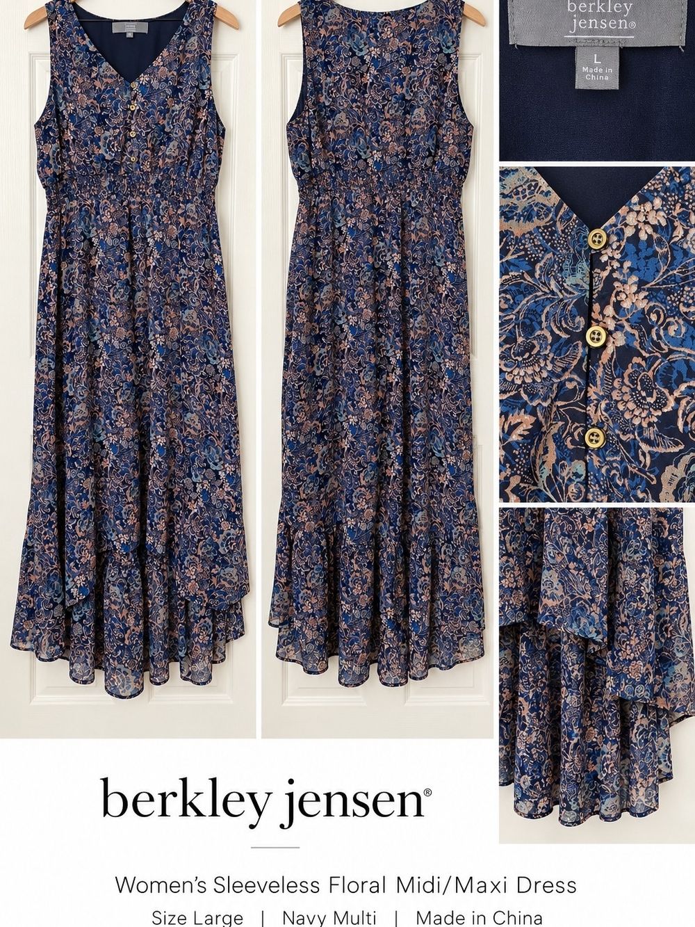 Berkley Jensen Floral Boho Sleeveless Maxi Dress Navy Blue Size L
